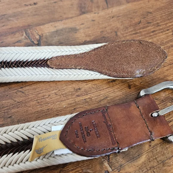 Tommy Bahama Brown Leather and Cream Cord Woven Belt Mens L 38-40 - Picture 9 of 10